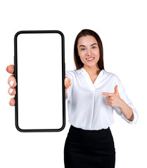 Poster - A smiling woman in business attire presenting a blank smartphone screen, isolated on a white background, concept of technology