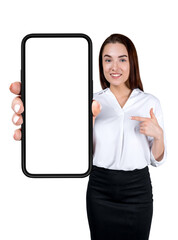 Poster - a woman holding a smartphone with a blank screen mockup, pointing to it, isolated on white backgroun