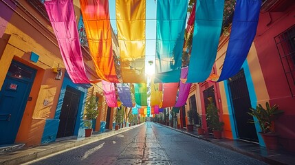 a narrow street is decorated with bright colored sheets, on which are the sun shining