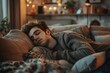 Young man sleeping comfortably on a sofa in a cozy living room