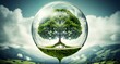 AI generated illustration of a tree enclosed in glass sphere with air bubbles in backdrop