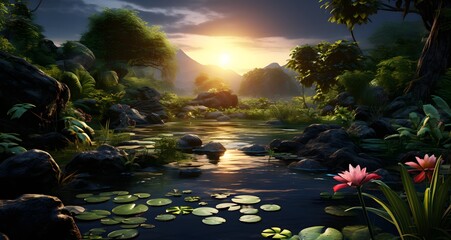 Wall Mural - AI generated illustration of a jungle stream with water lilies