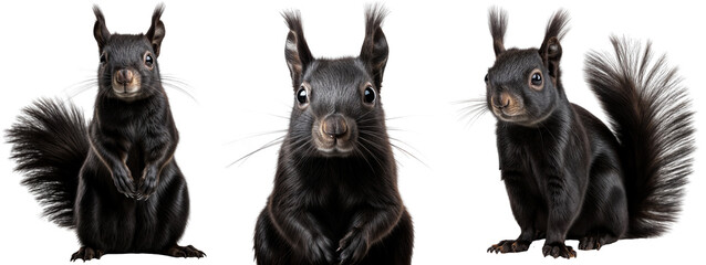 Wall Mural - Black squirrel collection, standing, portrait and sitting, isolated on a transparent background