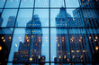 many windows with city buildings reflecting them in the glass panes