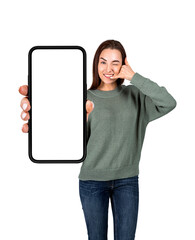 Poster - Woman holding a phone mockup with a smile, isolated on white background, concept of technology and communication