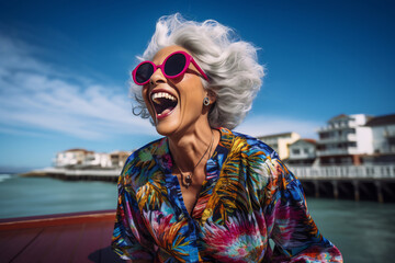 Canvas Print - Joyful Senior Lady in Colorful Summer Attire