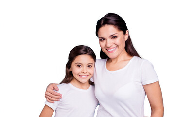 Wall Mural - Close up photo amazing pretty two people brown haired mum small little daughter stand hugging lovely free time rejoice wearing white t-shirts isolated on bright blue background