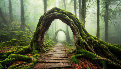 Wall Mural - Abstract arch made of tree roots on forest path. Mysterious portal to another world, magical place.