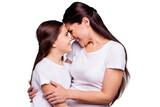 Fototapeta Panele - Close up photo adorable amazing pretty two people brown haired mum small little daughter stand close lovely look eyes touch foreheads rejoice wearing white t-shirts isolated on bright blue background