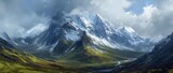 Fototapeta Zachód słońca - green pasture valley with snow peak mountain ridge, artful painting style illustration with grungy brush stroke texture, Generative Ai