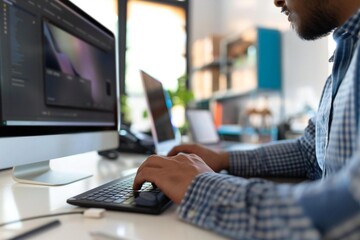 Leinwandbilder - Freelancer editing content on computer and tablet designing