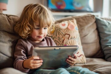 Child using tablet for social media networking.