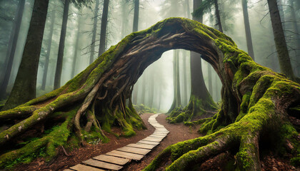 Wall Mural - Abstract arch made of tree roots on forest path. Mysterious portal to another world, magical place.