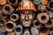 Man in Hard Hat Surrounded by Pipes