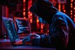 Hacker breaching person's laptop screen for sensitive data