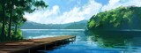 Fototapeta Do akwarium - green nature landscape at riverside, artful painting style illustration with grungy brush stroke texture, Generative Ai
