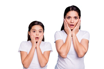 Sticker - Close up photo pretty two people brown haired mum little daughter eyes mouth opened facial expression arms cheeks lost missed sale discount wearing white t-shirts isolated bright blue background