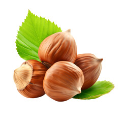 Wall Mural - hazelnuts with green leaf isolated on transparent background Generative Ai.
