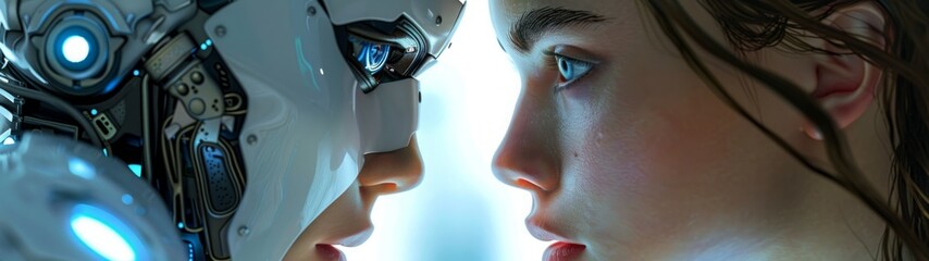 ai technologies and humans. beautiful girl and humanoid robot face to face. banner.