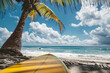 surfboard and palm on the tropical beach, summer background with copy space