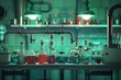 A table with many glass bottles and vials of various sizes and colors in a science laboratory concept.