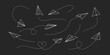 Vector paper airplane. Outline flying planes with dotted track direction. Travel or message symbol. Black linear paper plane icon