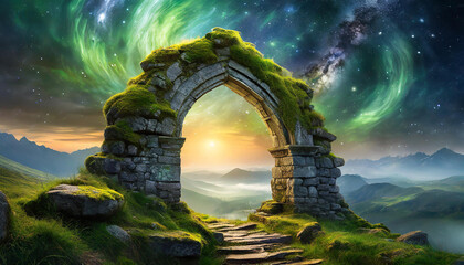 Wall Mural - Old stone arch with green moss. Mysterious portal to another world. Ancient ruins. Cosmic sky.