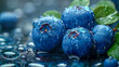A close-up of fresh blueberries with water droplets on their surface, highlighting their texture and color
