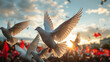 Flying Doves Over a Crowd at Sunset: Symbolizing Peace