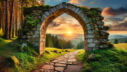 Wall Mural - Old stone arch. Medieval gate. Portal to forest park, woods at sunset. Magical place. Ancient ruins.