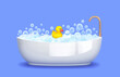 Bathtub with foam, soap bubbles and yellow rubber duck isolated on blue background. Bathing and relaxing