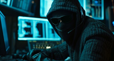 Aufkleber - A man wearing masks and hoodies are sitting in front of computer monitors. he's typing on keyboards and seem to be working ,Digital bank robbery ,cyber criminals. generative ai illustration 