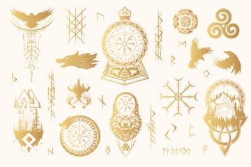 Wall Mural - Viking runes and symbols golden collection. Hand drawn isolated set of pagan norse sign vegvisir, fenrir, yggdrasil, valknut, triquetra, triskele, Thor’s  hammer  and ravens. Scandinavian illustration