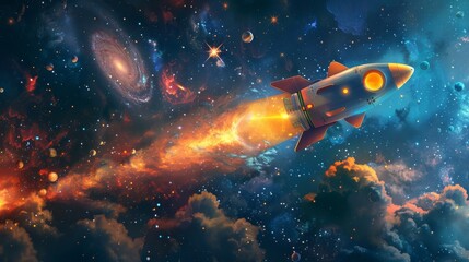 a whimsical space-themed wallpaper adorned with a charming cartoon rocket journeying through an ench