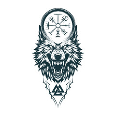 Wall Mural - Viking symbols illustration isolated on white background. Scandinavian vector image of the Wolf head, valknut and vegvisir for tattoo and t-shirt design