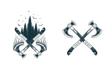 Canvas Print - Viking symbols isolated set. Two Scandinavian vector illustrations of crossed axes, raven, stars and trees for print, tattoo, web and t-shirt design