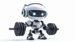 Animated robot train with dumbbells, cute chatbot pumping muscles on a white background. Cyborg sports assistant artificial intelligence mechanism. Cartoon modern illustration.