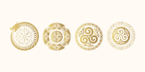 Canvas Print - Golden Viking round shields  with celtic ornaments, runes and symbols isolated set. Vector engraving illustration. Hand drawn design element for poster and web design