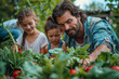 Father Teaching Daughters Organic Farming in Vegetable Garden