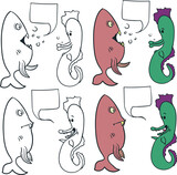Fototapeta Sypialnia - A cartoon fish and a seahorse are communicating about something.