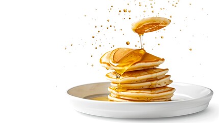 Canvas Print - Delicious stack of pancakes with dripping syrup on a white plate. Perfect for breakfast ads or culinary blogs. Simple yet enticing visual. AI