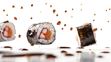 Sticker - Dynamic sushi pieces frozen in motion with soy sauce splashes. Food photography with action. Creative culinary presentation for restaurants. AI