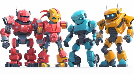 Poster - Cartoon modern illustration of robot transformers, robotics and artificial intelligence cyborgs, military combat exoskeletons and alien cybernetic warriors.