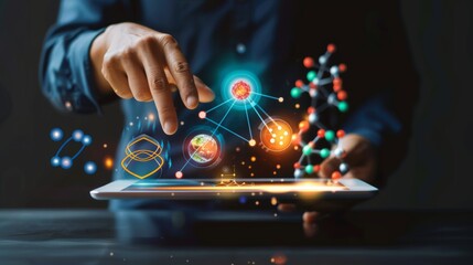 Poster - Person touches the four icons which represent different sciences and holds a tablet computer which contains a wide range of online services.