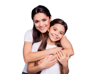 Sticker - Close up photo amazing pretty two people brown haired mum mom small little daughter stand hugging piggy back lovely free time rejoice wearing white t-shirts isolated on bright blue background