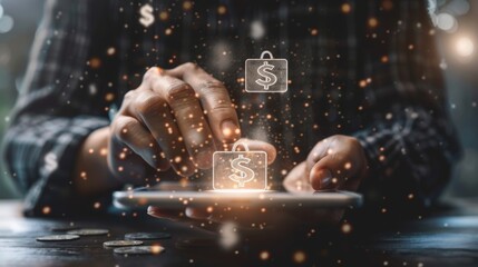 Poster - A man holds a tablet. He touches a money box icon. Icon represents accumulation of funds, storage of funds, internet access for banking, trading, and finance.