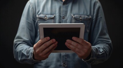Poster - Image of man holding a tablet computer and pressing a technical support button on a virtual screen. Concept of customer support, interface customization.