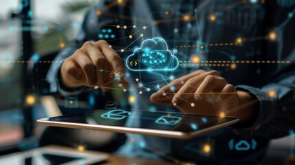 Poster - He holds a tablet PC, with a wide variety of online services, and touches the cloud icon.