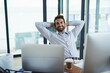 © peopleimages.com - Portrait, business and man at desk, relax and stretching with break and peaceful with success. Face, happy person and professional with smile and easy project with finished assignment and resting