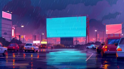 Wall Mural - Several cars stand under a large outdoor screen while watching a movie at night in rainy weather. A cityscape background surrounds the large outdoor screen with the movie.